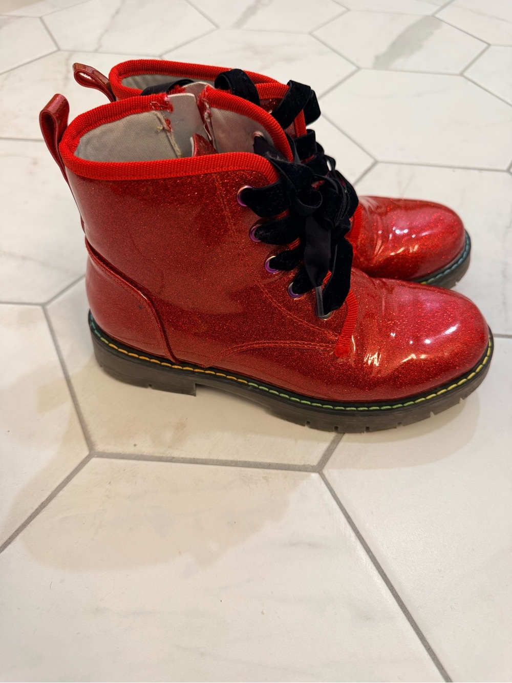 Kids Red Glitter Lace-Up Boots